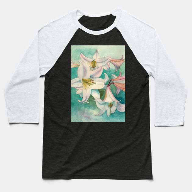 Pale pink lilies watercolour painting Baseball T-Shirt by esvb